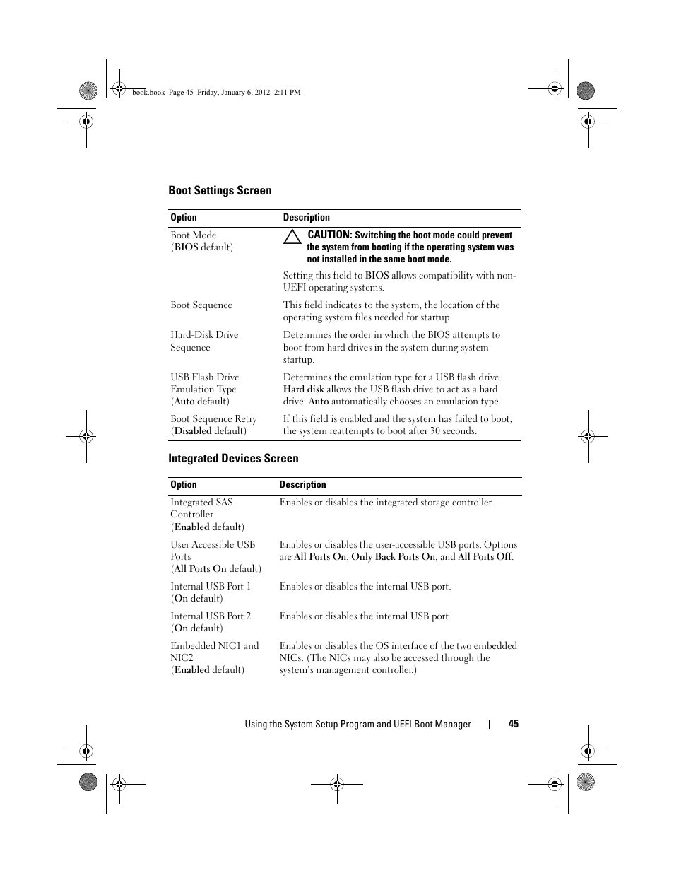 Boot settings screen, Integrated devices screen | Dell DR4000 User Manual | Page 45 / 156