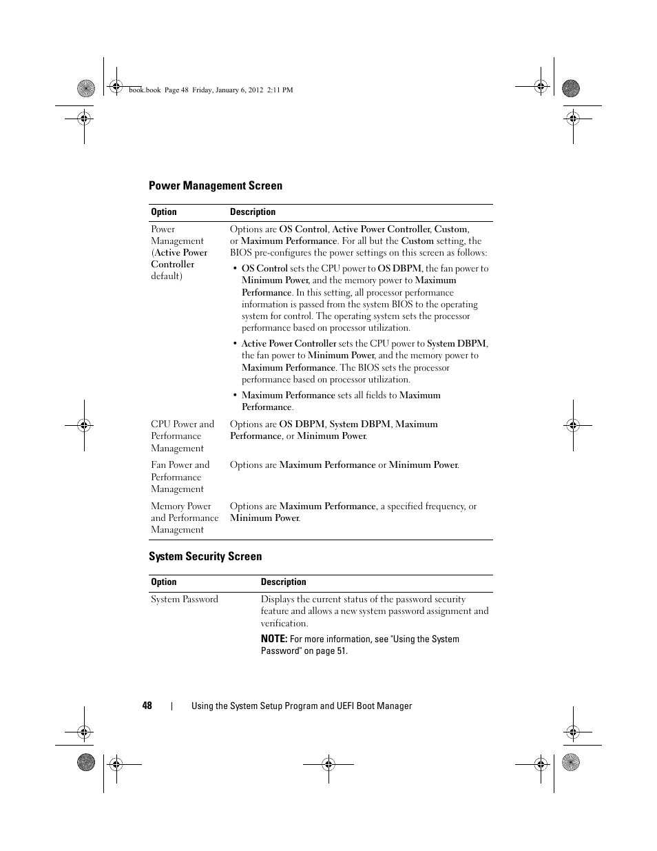 Power management screen, System security screen | Dell DR4000 User Manual | Page 48 / 156