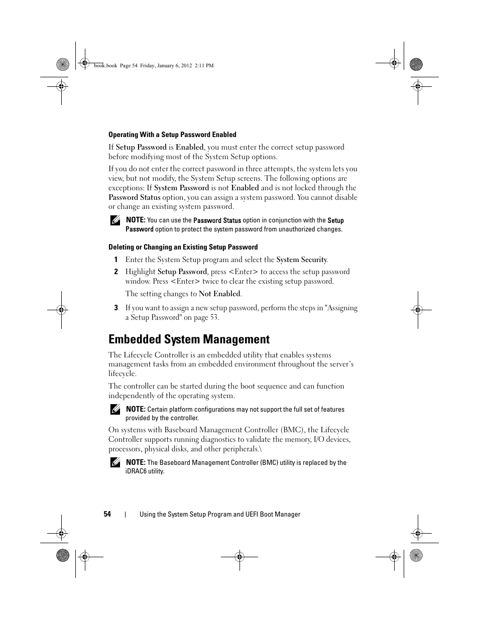Operating with a setup password enabled, Deleting or changing an existing setup password, Embedded system management | Dell DR4000 User Manual | Page 54 / 156