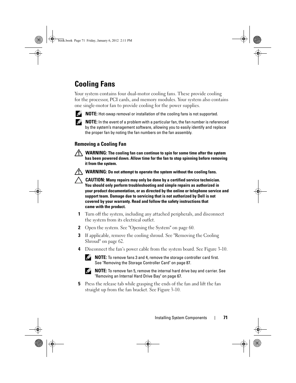 Cooling fans, Removing a cooling fan | Dell DR4000 User Manual | Page 71 / 156