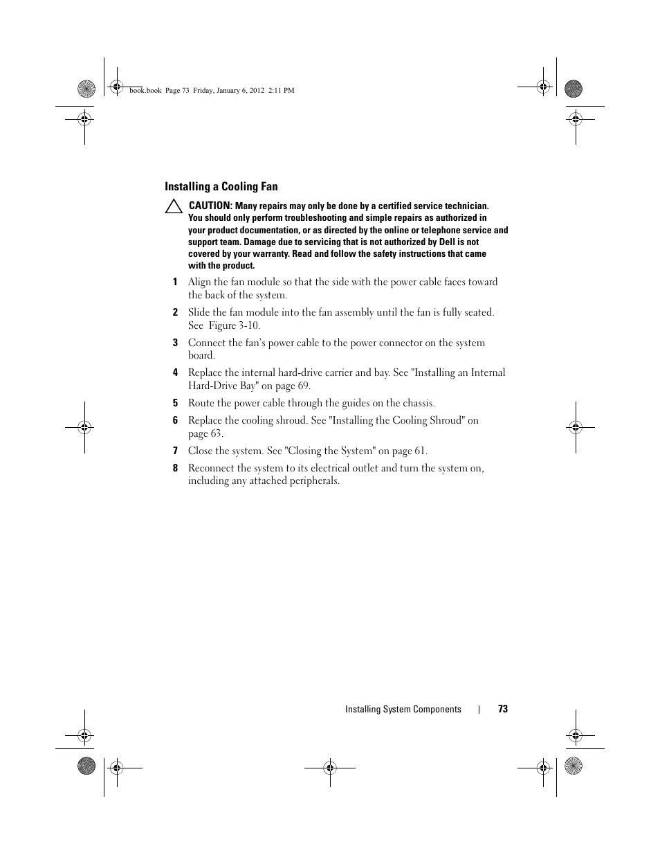 Installing a cooling fan | Dell DR4000 User Manual | Page 73 / 156
