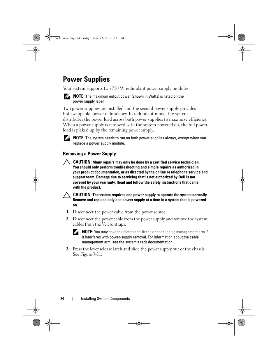 Power supplies, Removing a power supply, Power supplies" on | Power | Dell DR4000 User Manual | Page 74 / 156
