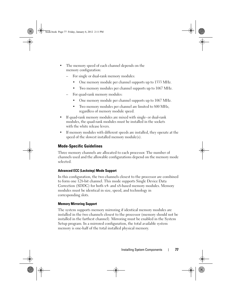 Mode-specific guidelines, Advanced ecc (lockstep) mode support, Memory mirroring support | Dell DR4000 User Manual | Page 77 / 156