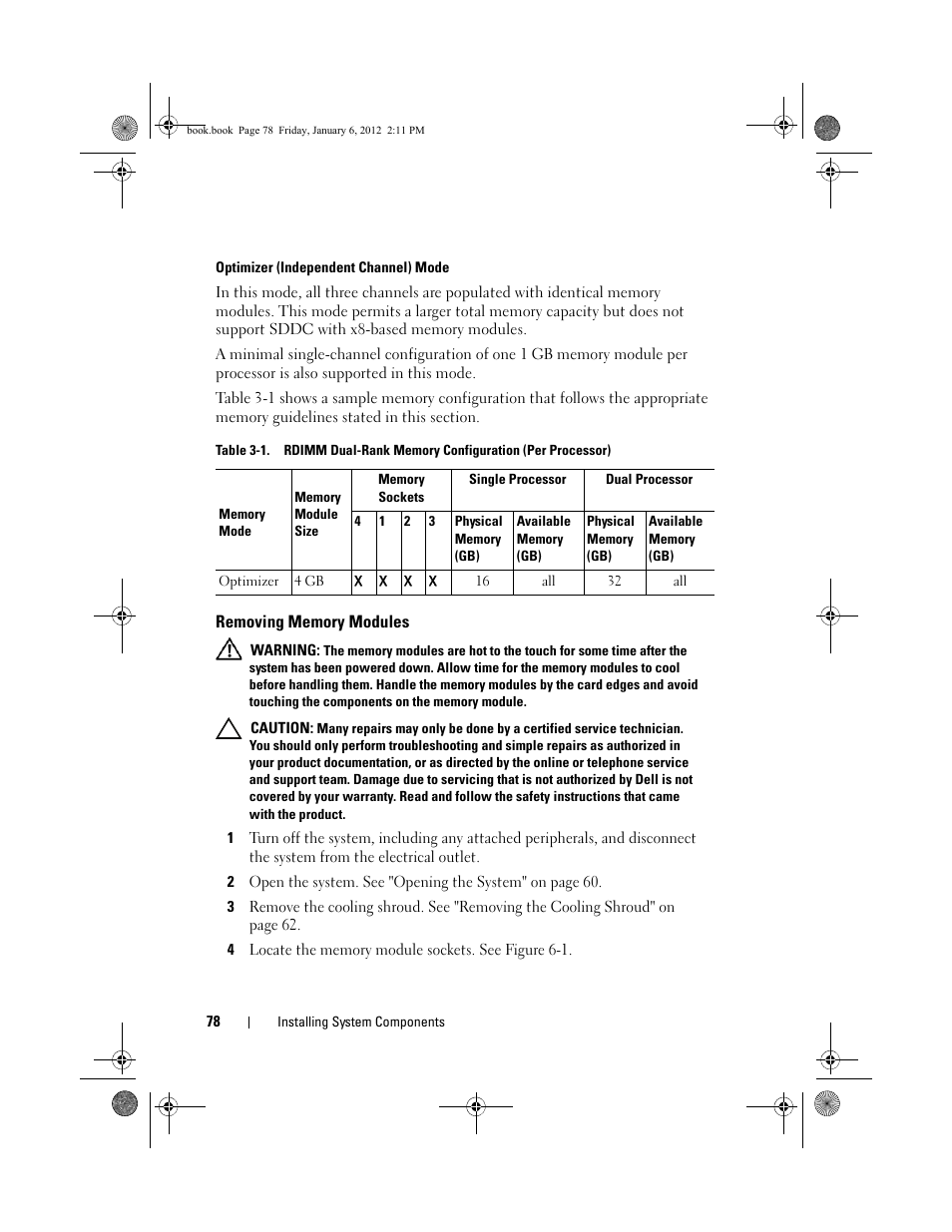 Optimizer (independent channel) mode, Removing memory modules | Dell DR4000 User Manual | Page 78 / 156