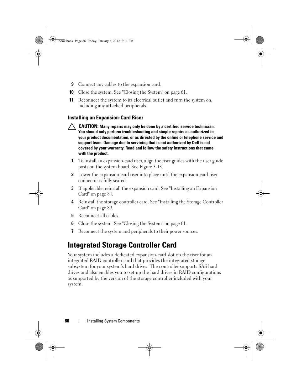 Installing an expansion-card riser, Integrated storage controller card | Dell DR4000 User Manual | Page 86 / 156
