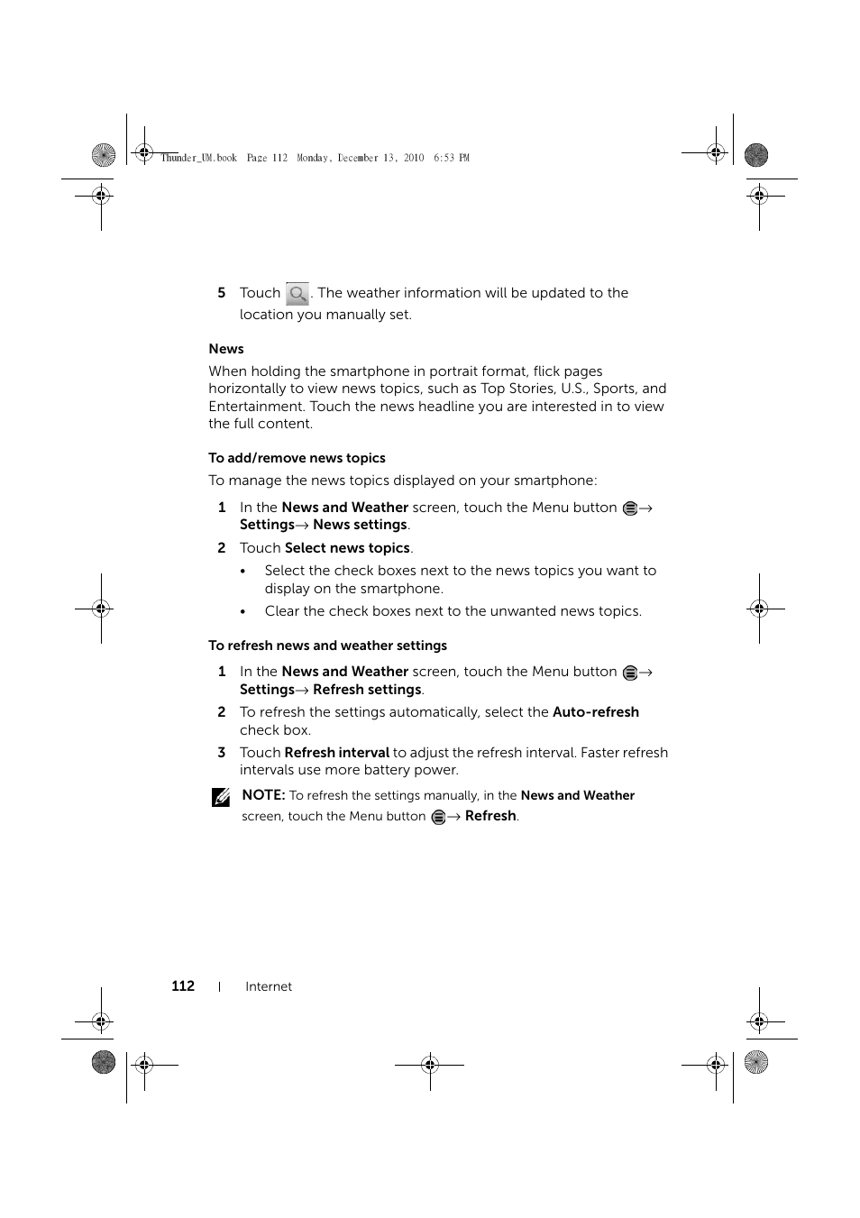 News, To add/remove news topics, To refresh news and weather settings | Dell Mobile Venue User Manual | Page 112 / 161