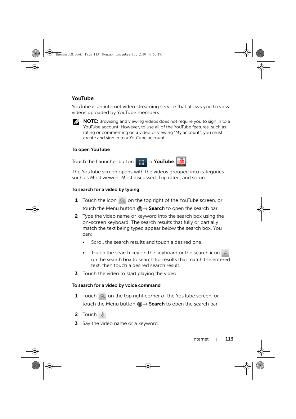Youtube, To open youtube, To search for a video by typing | To search for a video by voice command | Dell Mobile Venue User Manual | Page 113 / 161