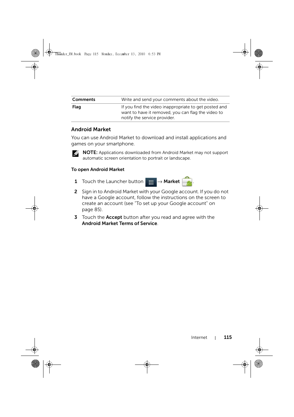 Android market, To open android market | Dell Mobile Venue User Manual | Page 115 / 161