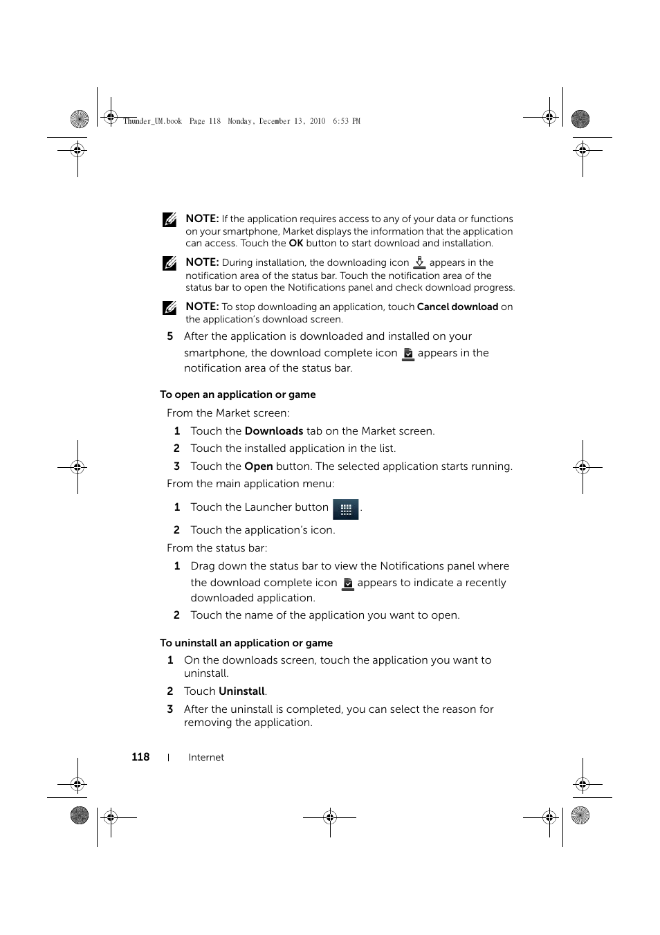 To open an application or game, To uninstall an application or game | Dell Mobile Venue User Manual | Page 118 / 161