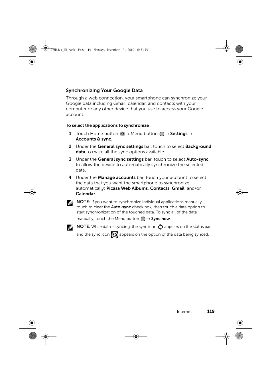 Synchronizing your google data, To select the applications to synchronize | Dell Mobile Venue User Manual | Page 119 / 161