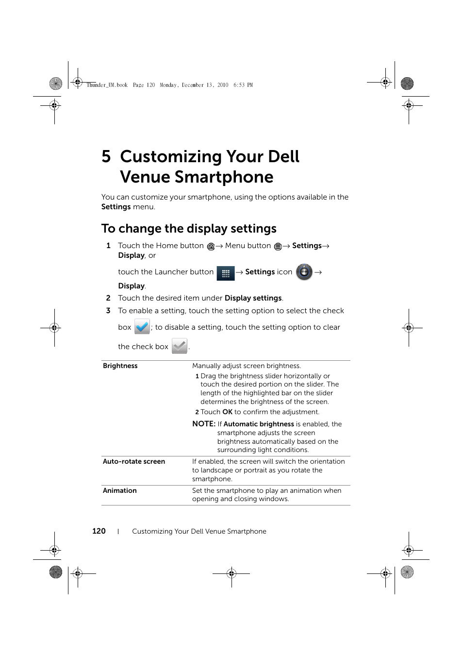 5 customizing your dell venue smartphone, To change the display settings, Customizing your dell venue smartphone | Dell Mobile Venue User Manual | Page 120 / 161