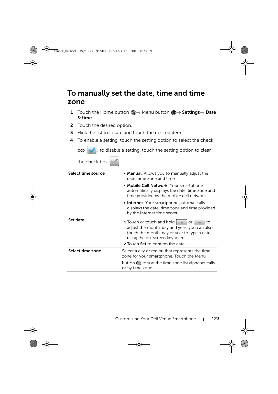 To manually set the date, time and time zone | Dell Mobile Venue User Manual | Page 123 / 161