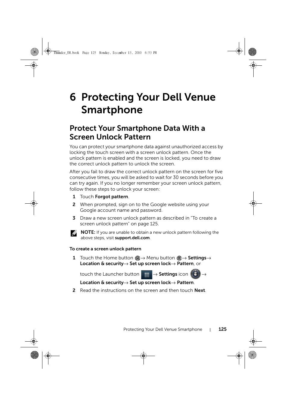 6 protecting your dell venue smartphone, To create a screen unlock pattern, Protecting your dell venue smartphone | Dell Mobile Venue User Manual | Page 125 / 161