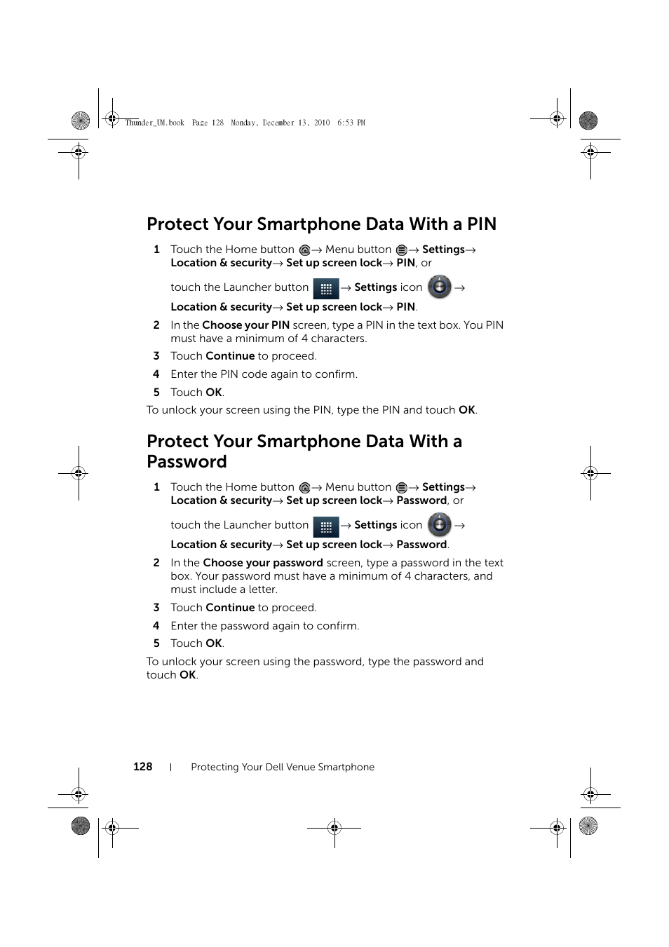 Protect your smartphone data with a pin, Protect your smartphone data with a password | Dell Mobile Venue User Manual | Page 128 / 161