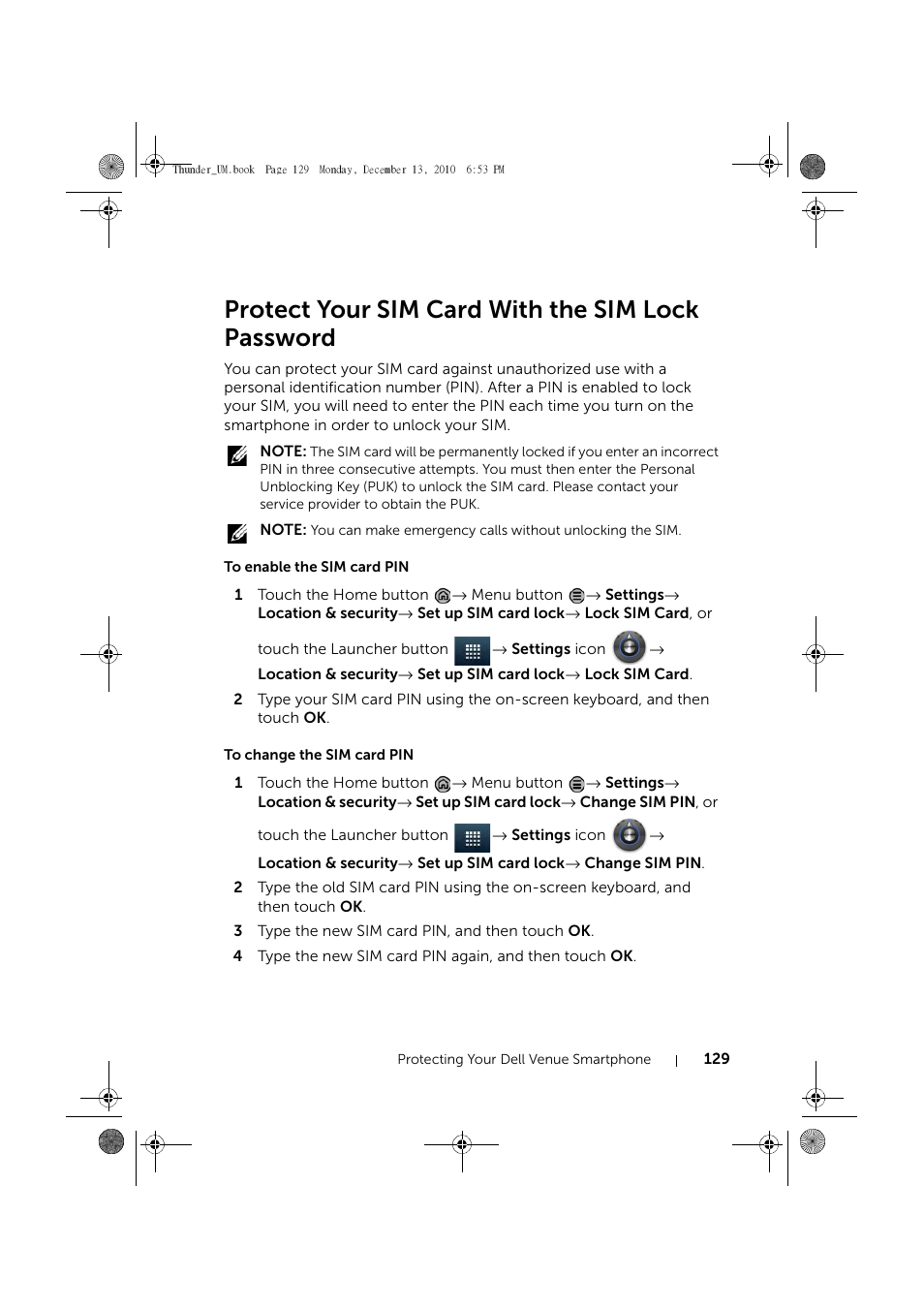 Protect your sim card with the sim lock password, To enable the sim card pin, To change the sim card pin | Dell Mobile Venue User Manual | Page 129 / 161