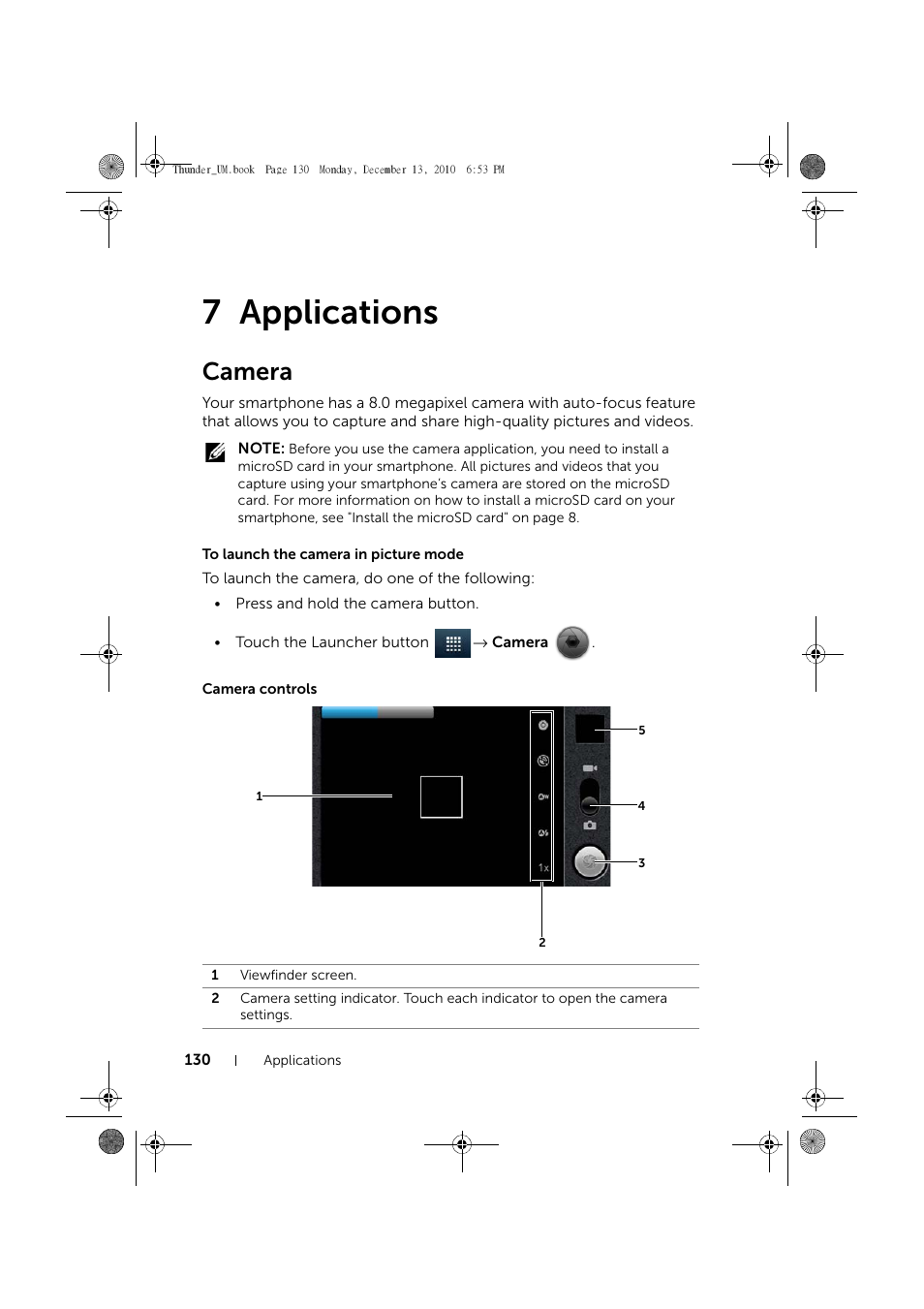 7 applications, Camera, To launch the camera in picture mode | Camera controls, Applications | Dell Mobile Venue User Manual | Page 130 / 161