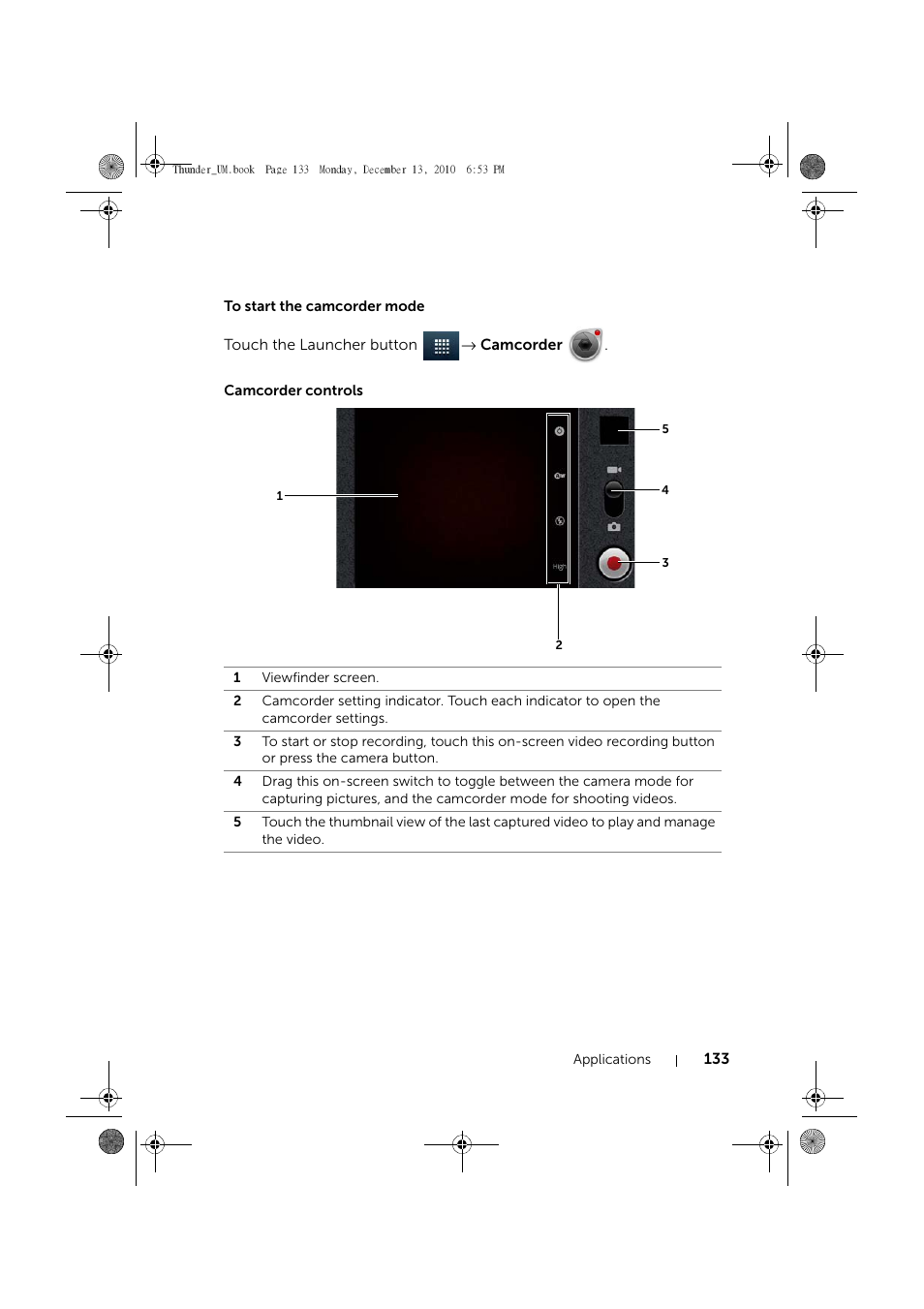To start the camcorder mode, Camcorder controls | Dell Mobile Venue User Manual | Page 133 / 161