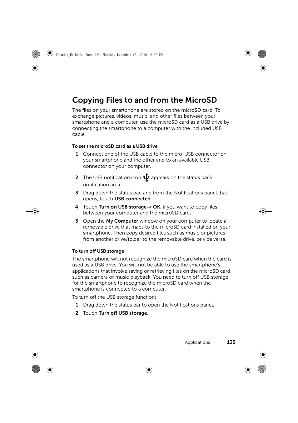 Copying files to and from the microsd, To set the microsd card as a usb drive, To turn off usb storage | Dell Mobile Venue User Manual | Page 135 / 161