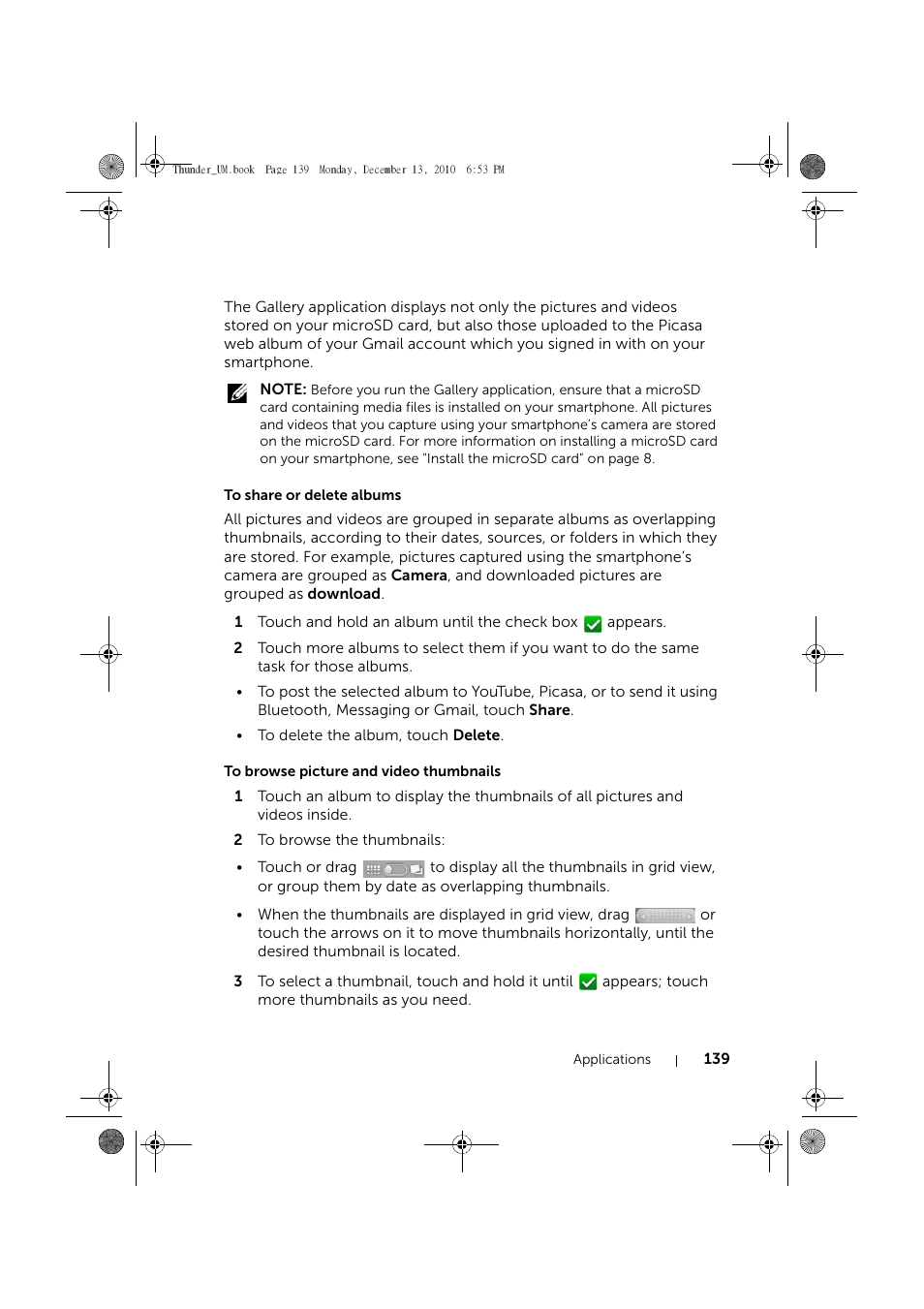 To share or delete albums, To browse picture and video thumbnails | Dell Mobile Venue User Manual | Page 139 / 161