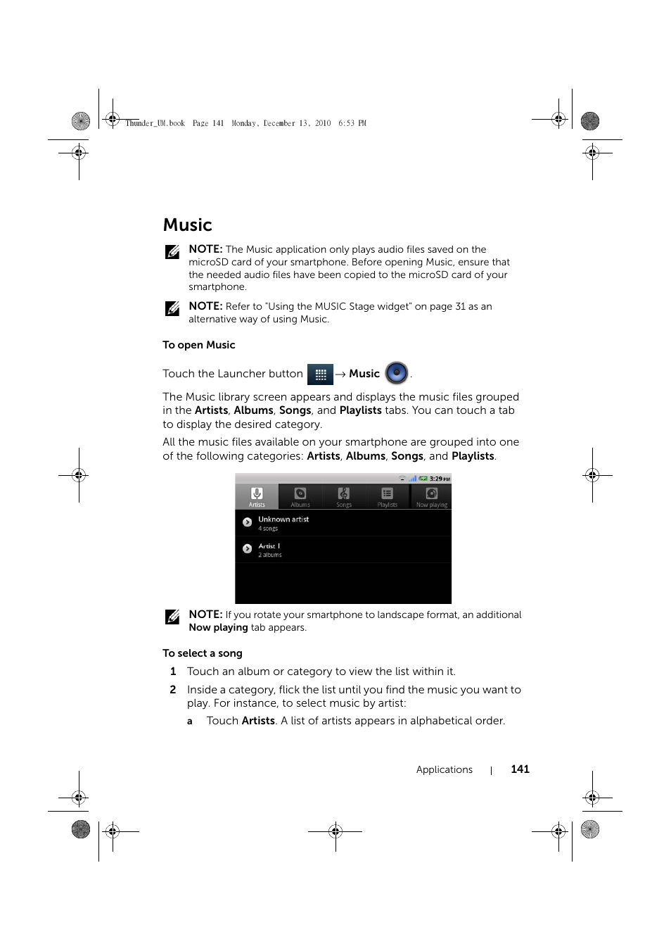 Music, To open music, To select a song | Dell Mobile Venue User Manual | Page 141 / 161