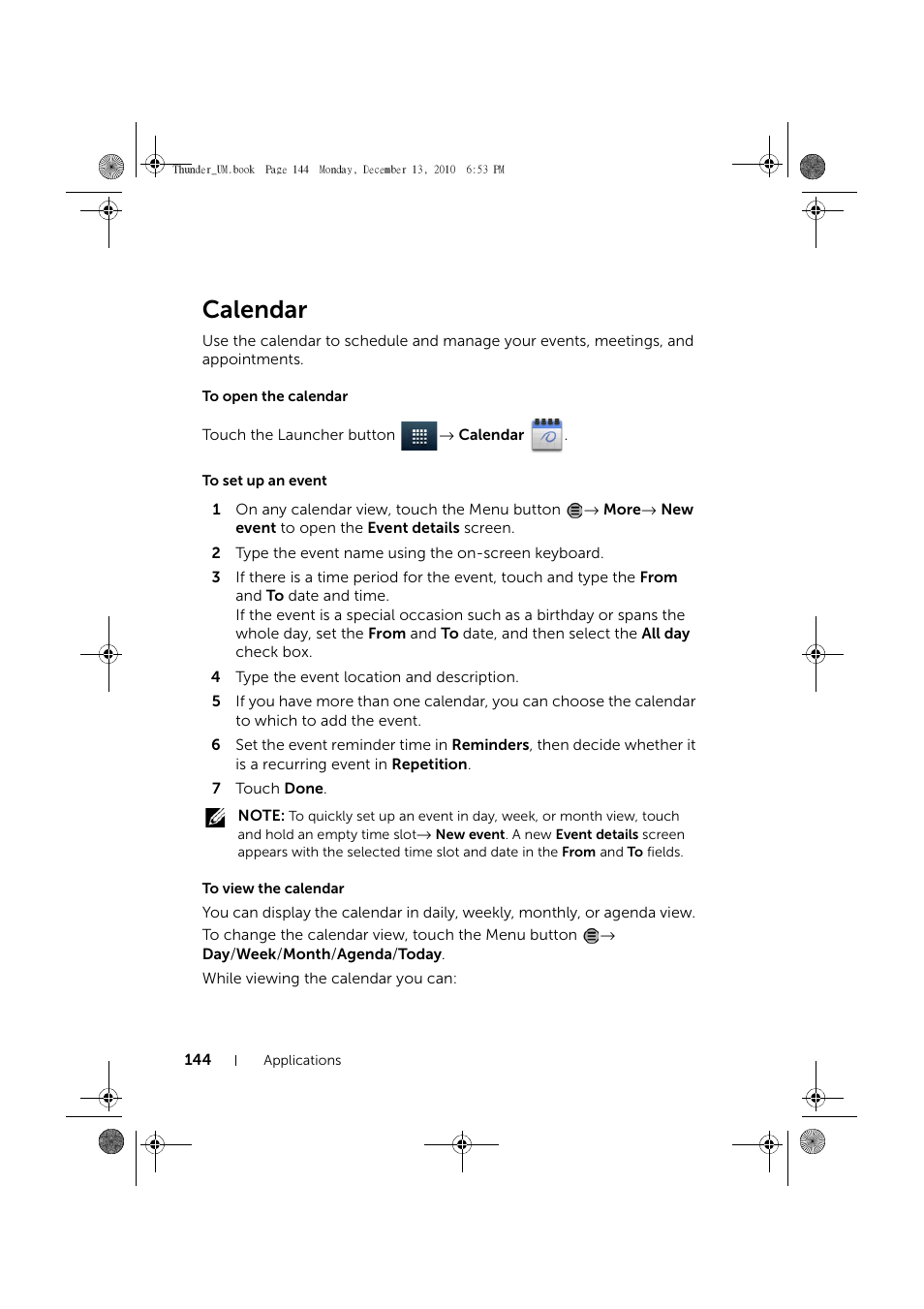 Calendar, To open the calendar, To set up an event | To view the calendar | Dell Mobile Venue User Manual | Page 144 / 161