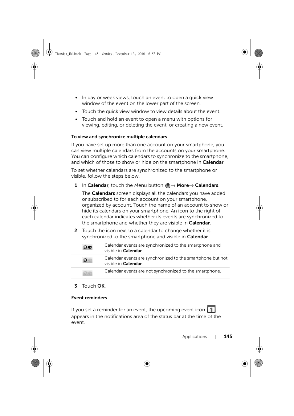 To view and synchronize multiple calendars, Event reminders | Dell Mobile Venue User Manual | Page 145 / 161