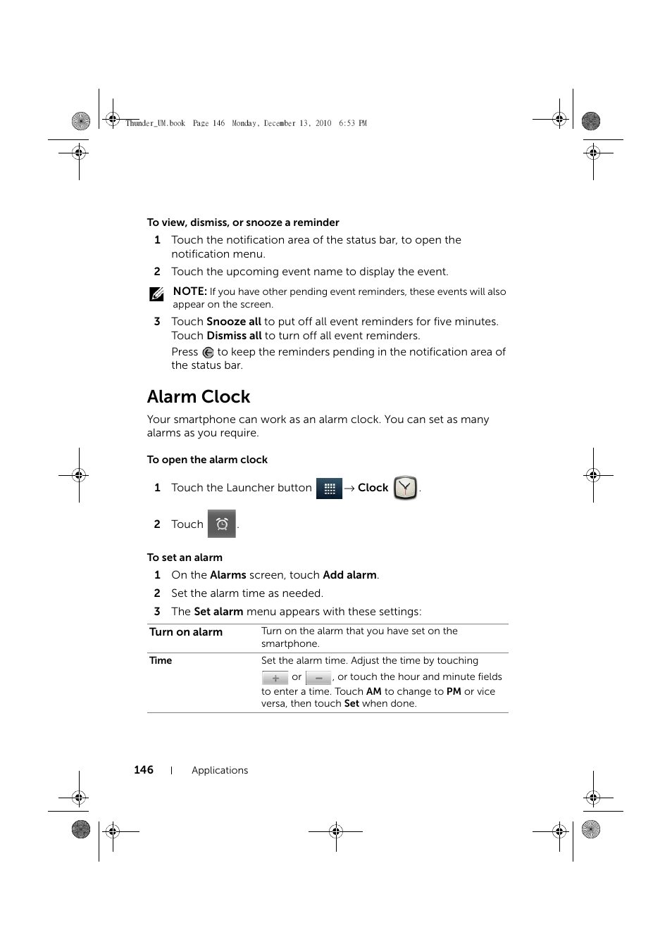 To view, dismiss, or snooze a reminder, Alarm clock, To open the alarm clock | To set an alarm | Dell Mobile Venue User Manual | Page 146 / 161