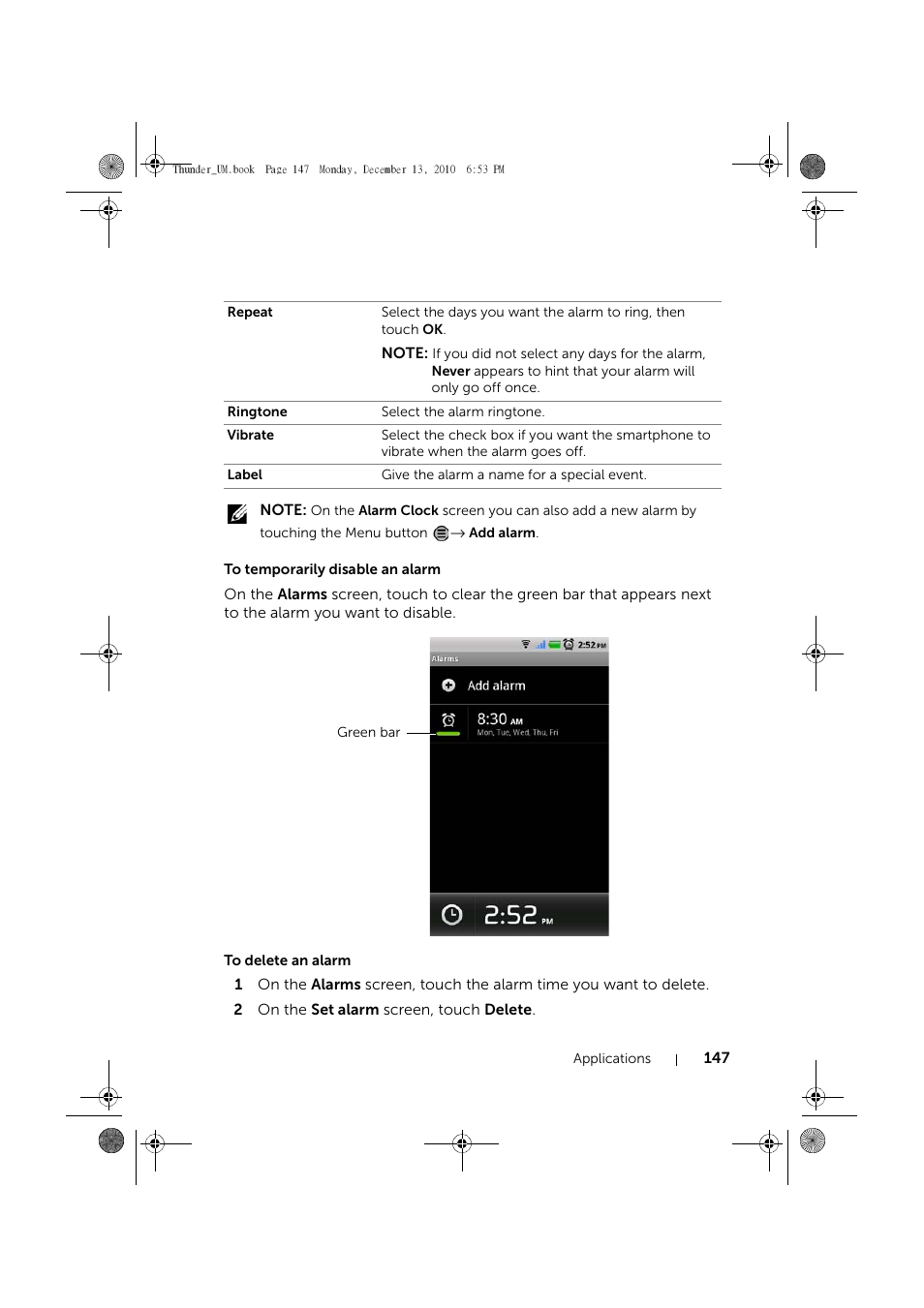 To temporarily disable an alarm, To delete an alarm | Dell Mobile Venue User Manual | Page 147 / 161