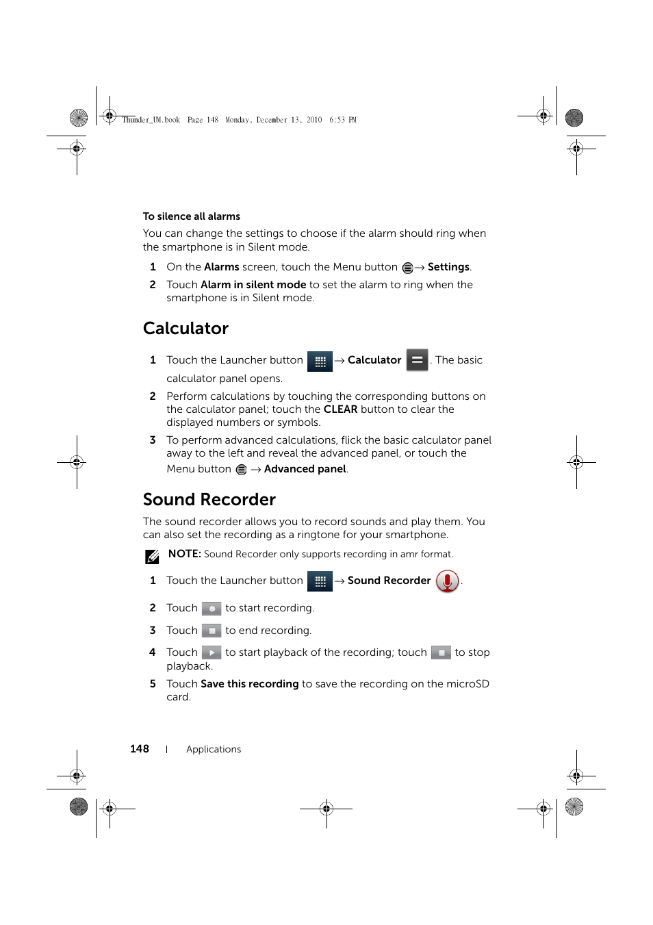 To silence all alarms, Calculator, Sound recorder | Dell Mobile Venue User Manual | Page 148 / 161