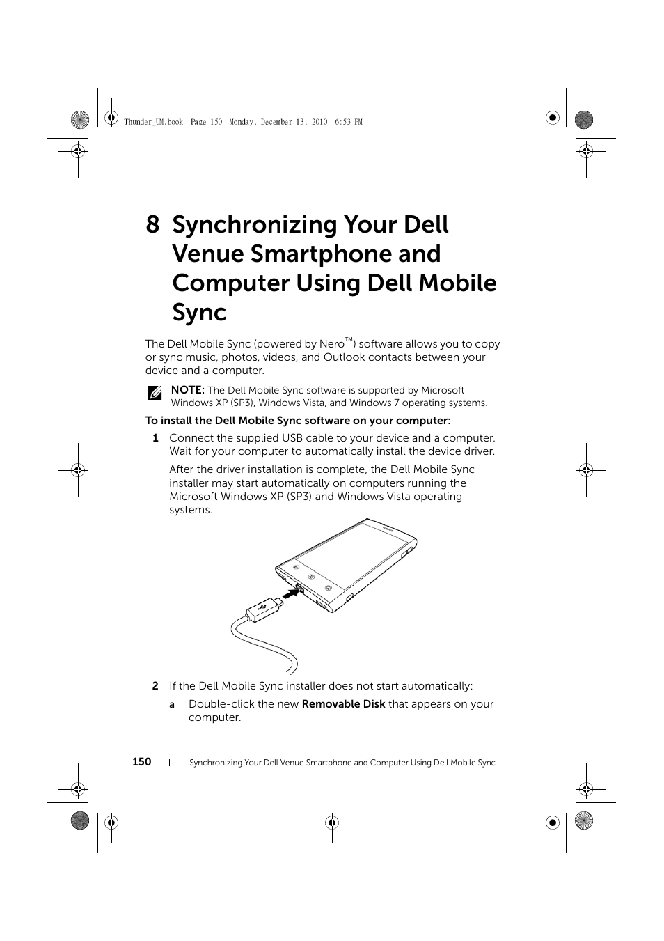 Synchronizing your dell venue smartphone, And computer using dell mobile sync | Dell Mobile Venue User Manual | Page 150 / 161