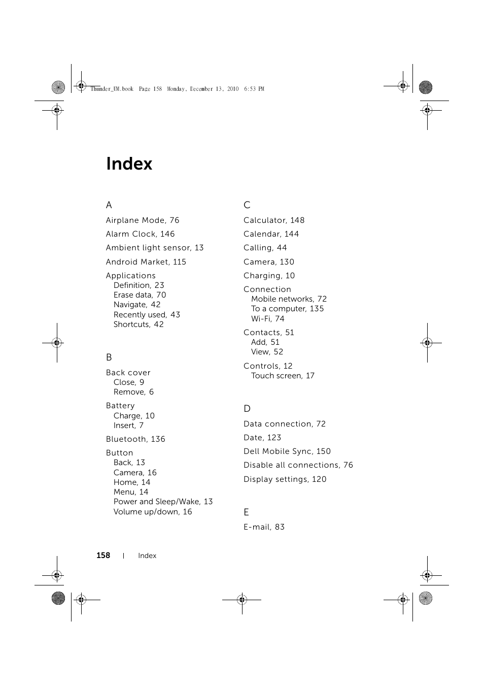 Index | Dell Mobile Venue User Manual | Page 158 / 161