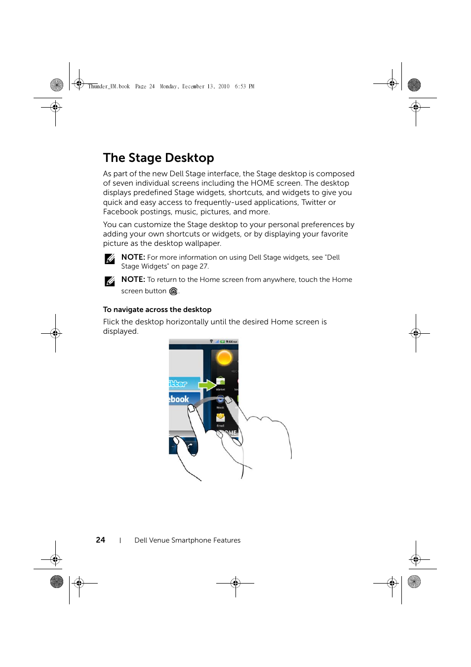 The stage desktop, To navigate across the desktop | Dell Mobile Venue User Manual | Page 24 / 161