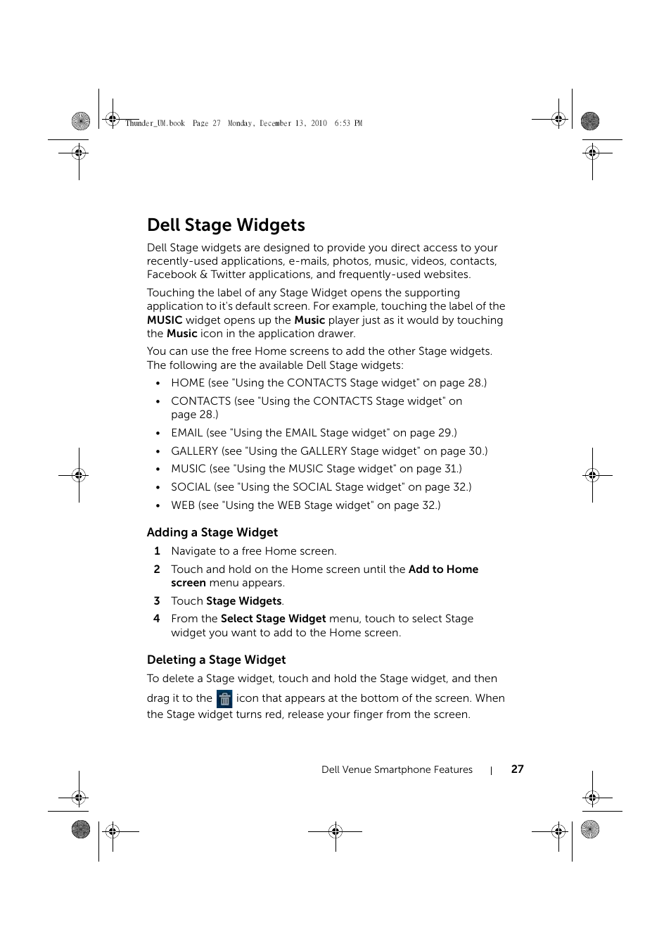 Dell stage widgets, Adding a stage widget, Deleting a stage widget | Dell Mobile Venue User Manual | Page 27 / 161