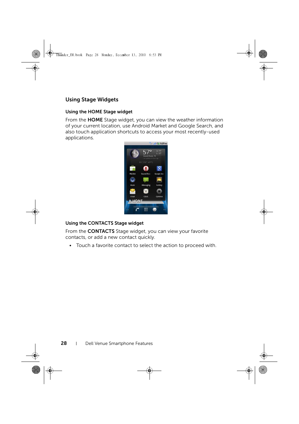 Using stage widgets, Using the home stage widget, Using the contacts stage widget | Dell Mobile Venue User Manual | Page 28 / 161