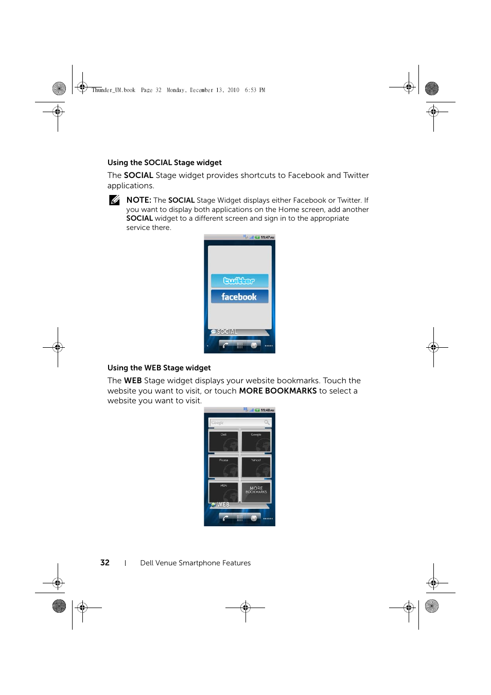 Using the social stage widget, Using the web stage widget | Dell Mobile Venue User Manual | Page 32 / 161