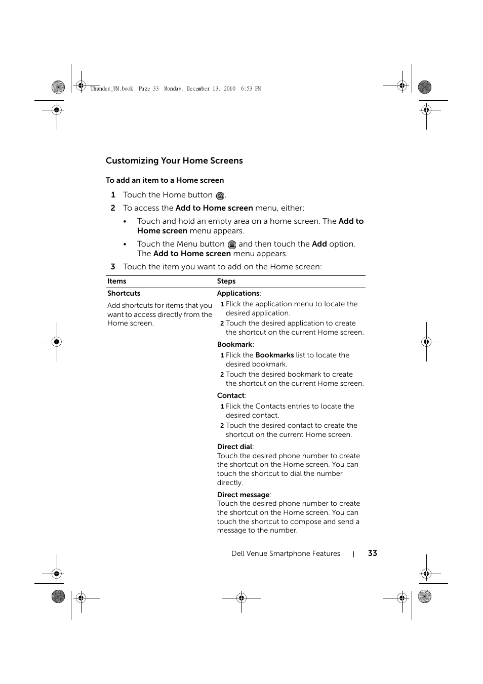 Customizing your home screens, To add an item to a home screen | Dell Mobile Venue User Manual | Page 33 / 161