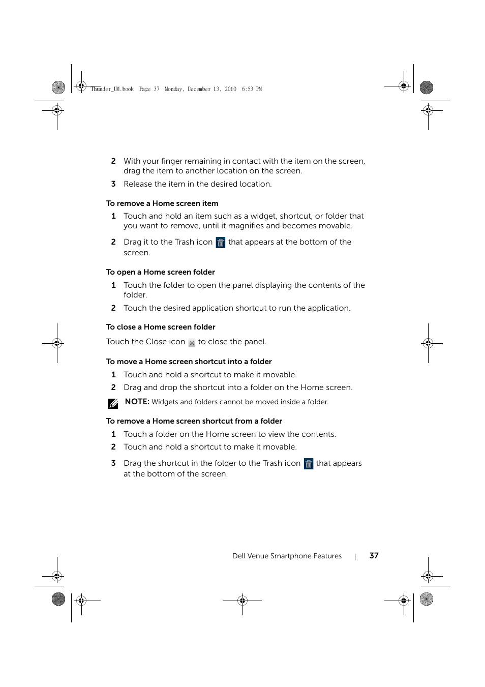 To remove a home screen item, To open a home screen folder, To close a home screen folder | To move a home screen shortcut into a folder, To remove a home screen shortcut from a folder | Dell Mobile Venue User Manual | Page 37 / 161