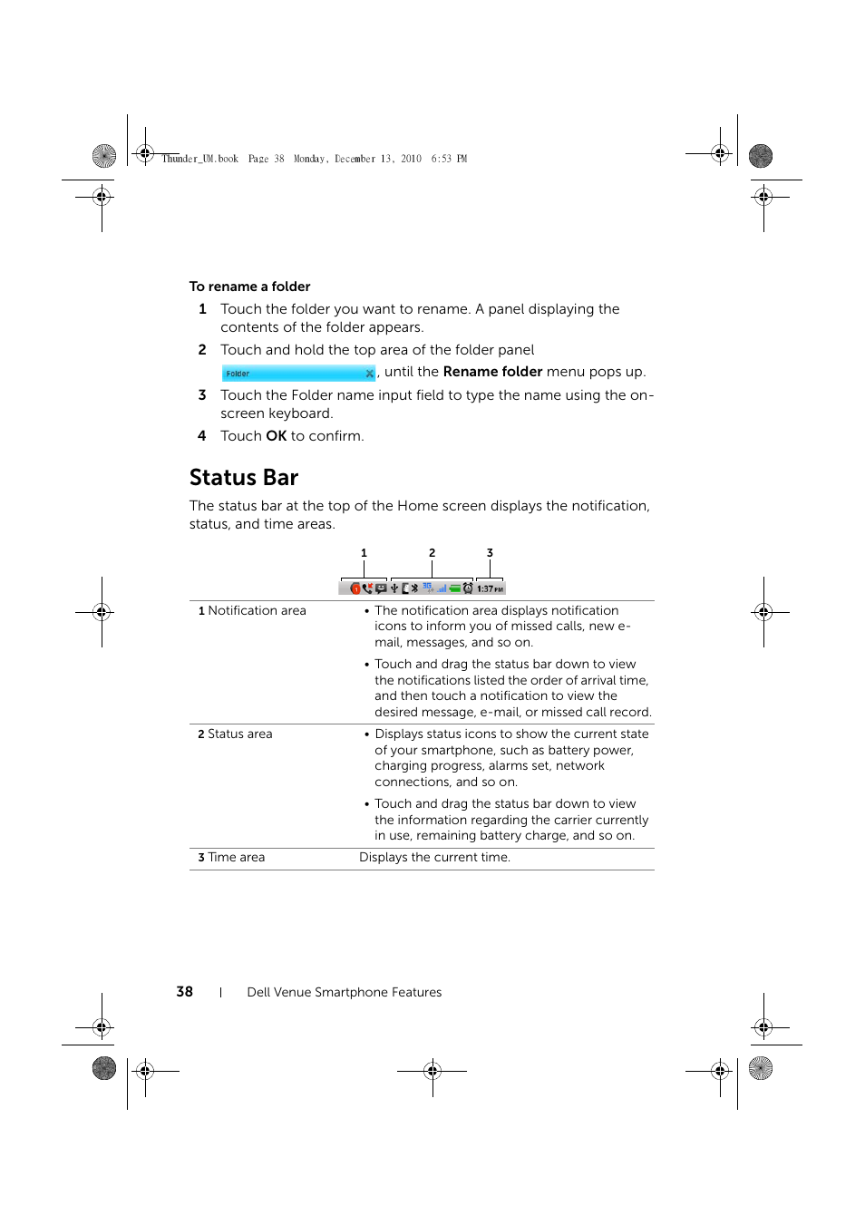 To rename a folder, Status bar | Dell Mobile Venue User Manual | Page 38 / 161