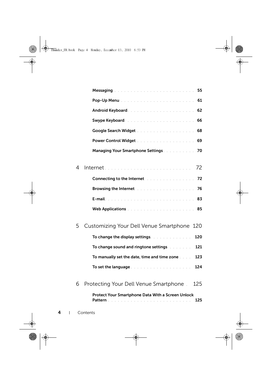 4 internet, 5customizing your dell venue smartphone, 6 protecting your dell venue smartphone | Dell Mobile Venue User Manual | Page 4 / 161