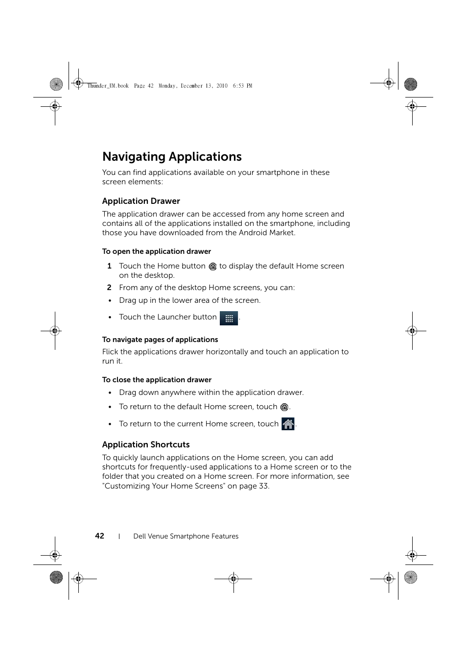 Navigating applications, Application drawer, To open the application drawer | To close the application drawer, Application shortcuts | Dell Mobile Venue User Manual | Page 42 / 161