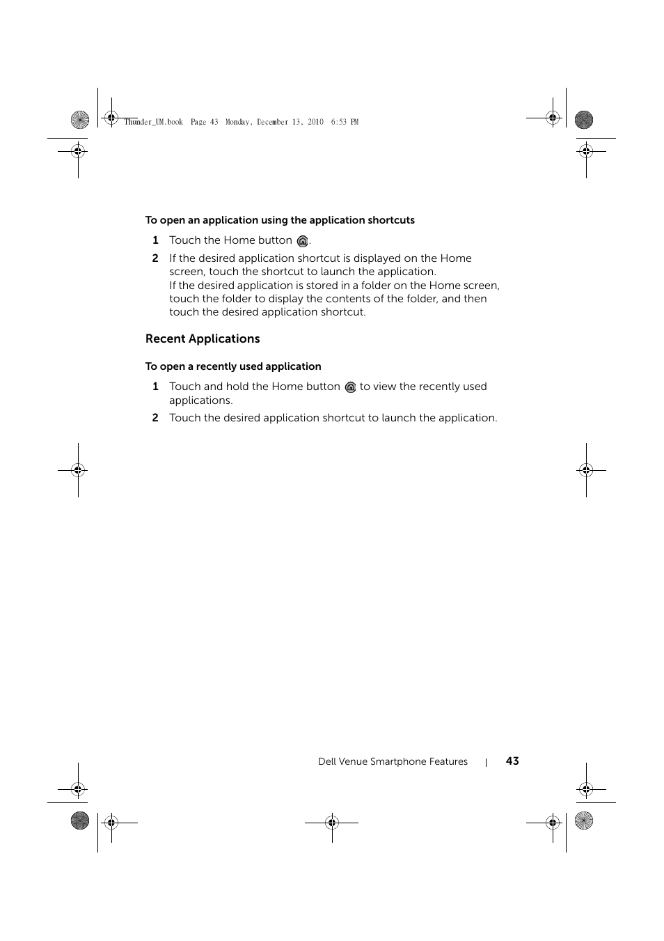 Recent applications, To open a recently used application | Dell Mobile Venue User Manual | Page 43 / 161