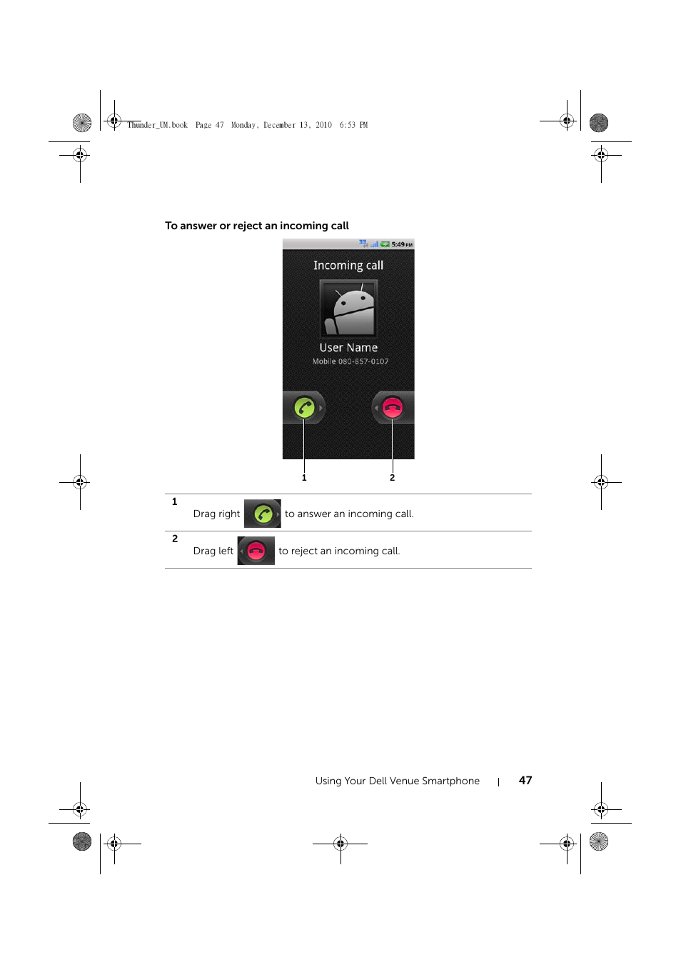 To answer or reject an incoming call | Dell Mobile Venue User Manual | Page 47 / 161