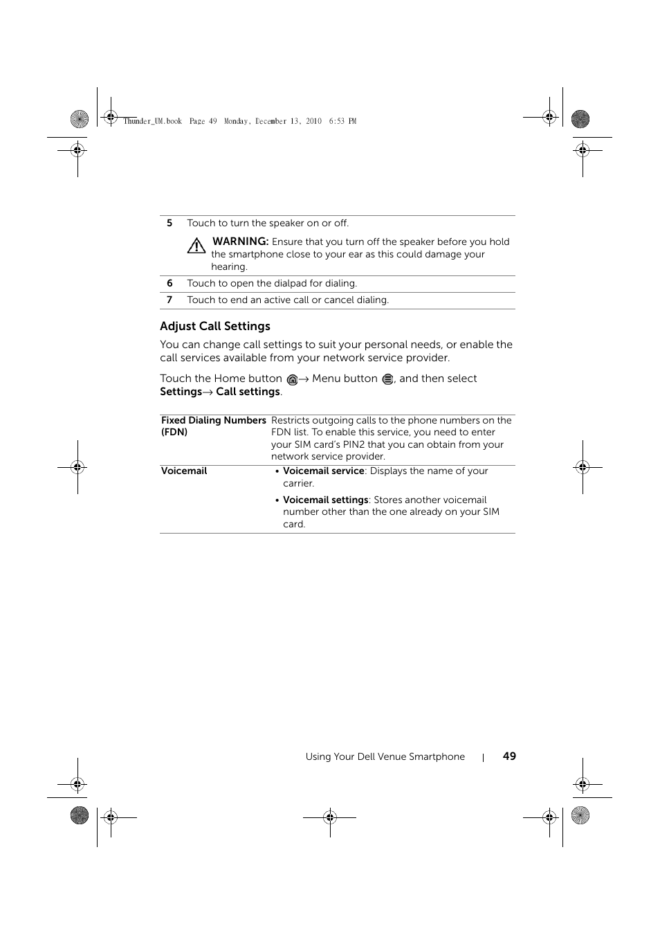 Adjust call settings | Dell Mobile Venue User Manual | Page 49 / 161