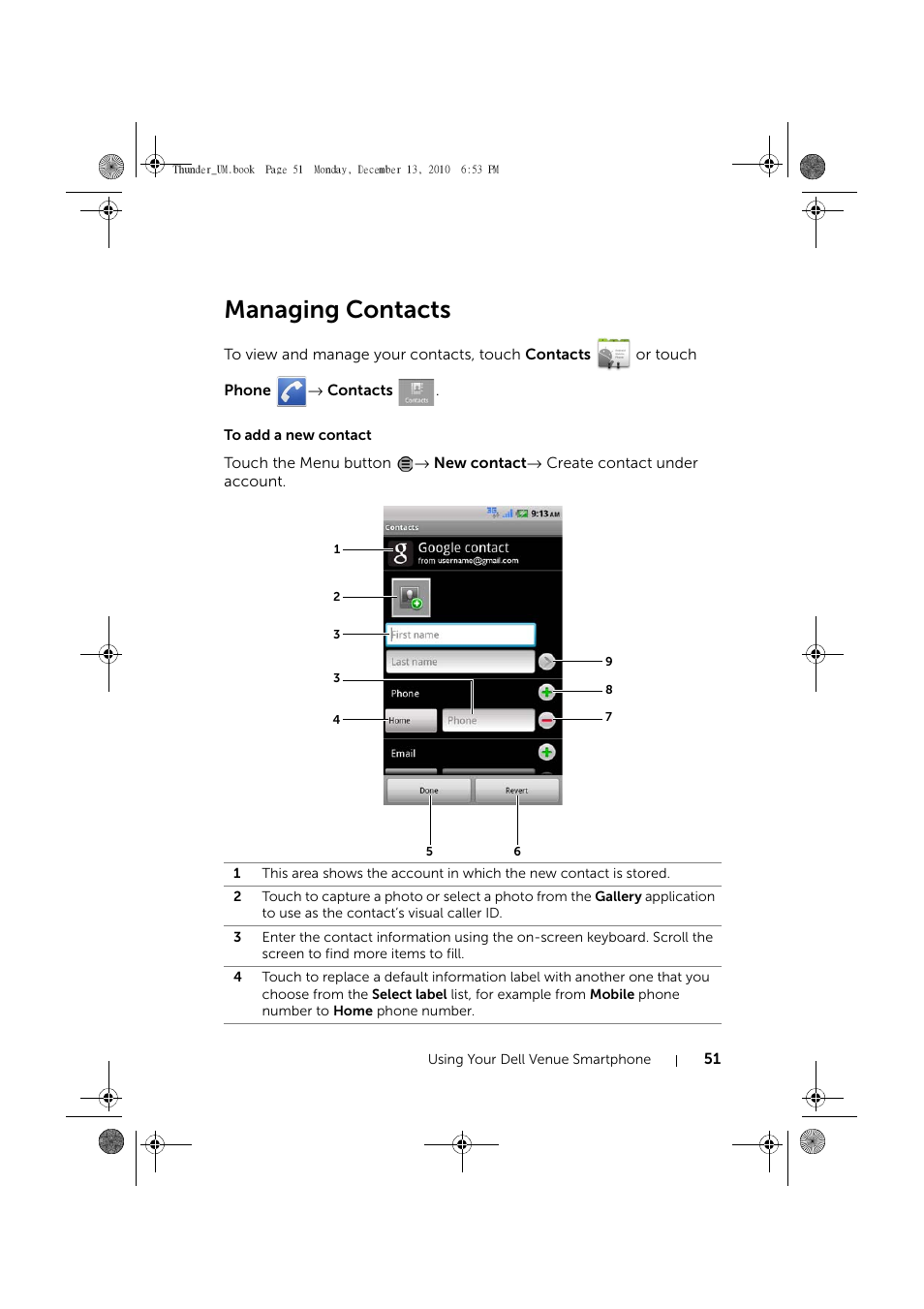 Managing contacts, To add a new contact | Dell Mobile Venue User Manual | Page 51 / 161