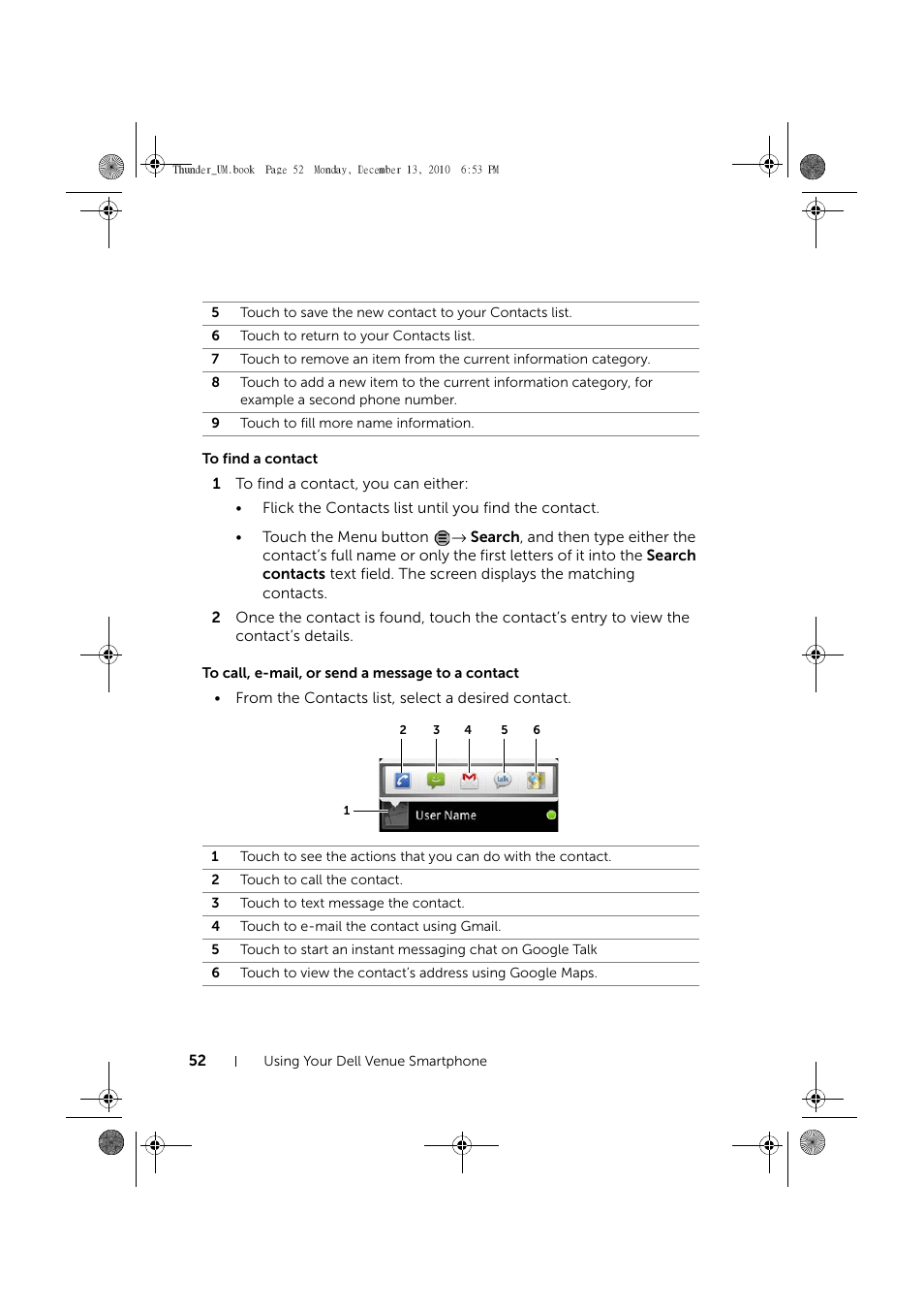 To find a contact, To call, e-mail, or send a message to a contact | Dell Mobile Venue User Manual | Page 52 / 161