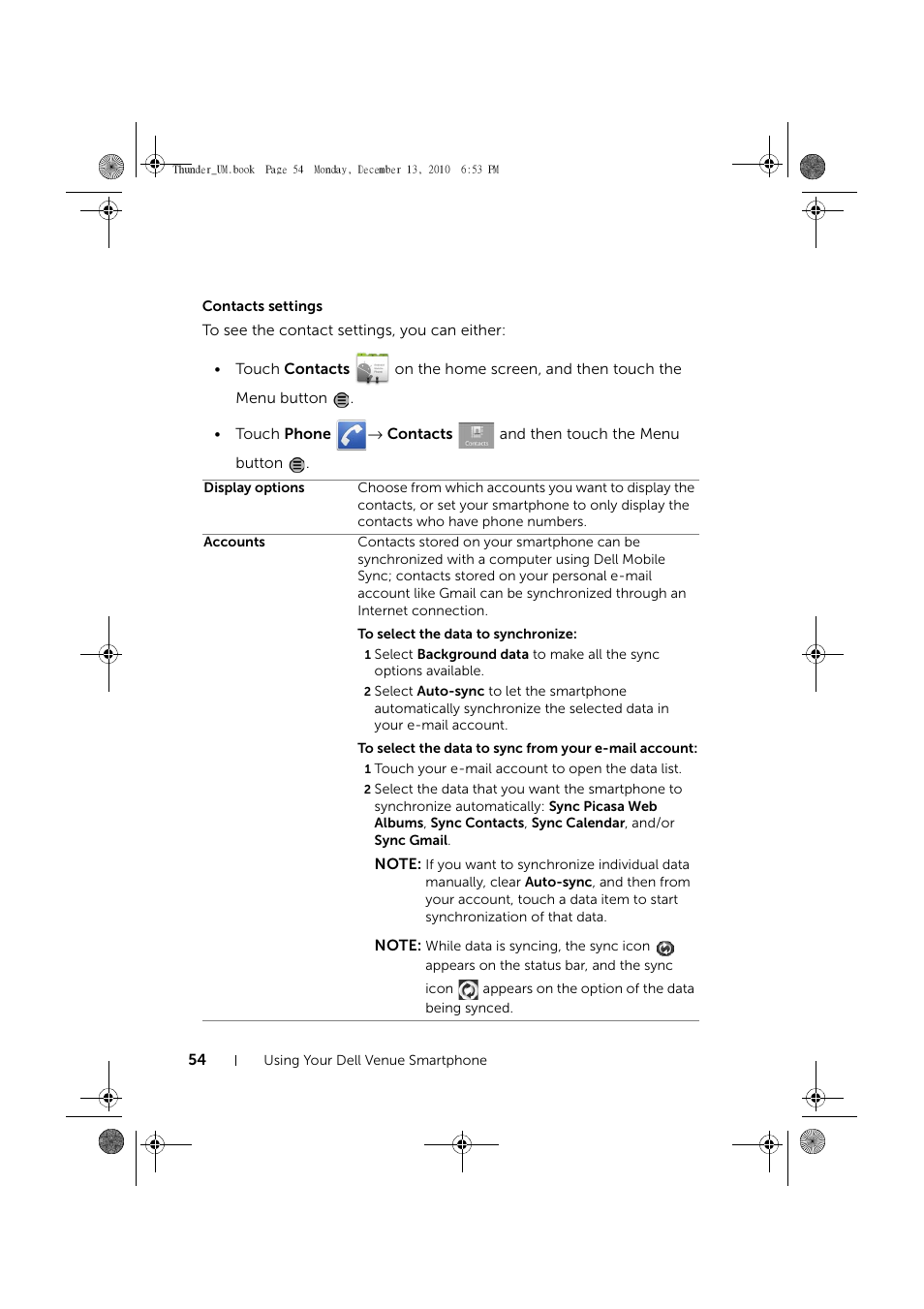 Contacts settings | Dell Mobile Venue User Manual | Page 54 / 161