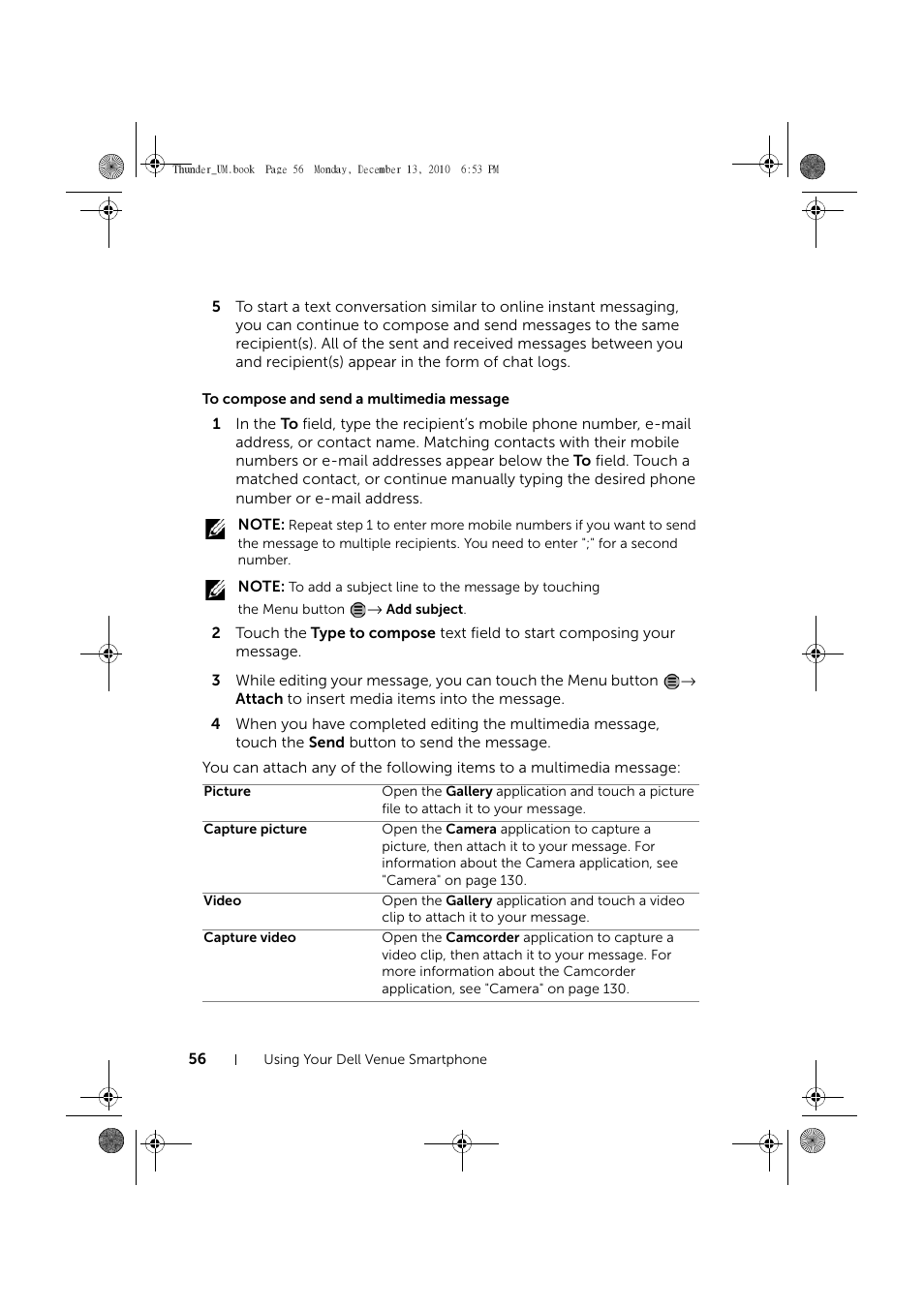 To compose and send a multimedia message | Dell Mobile Venue User Manual | Page 56 / 161