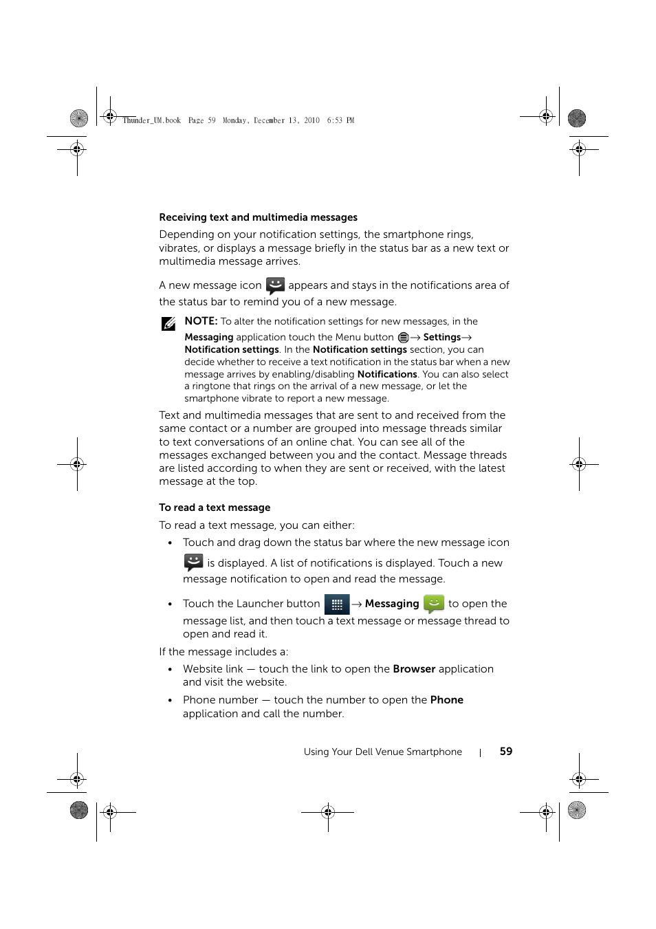 Receiving text and multimedia messages, To read a text message | Dell Mobile Venue User Manual | Page 59 / 161