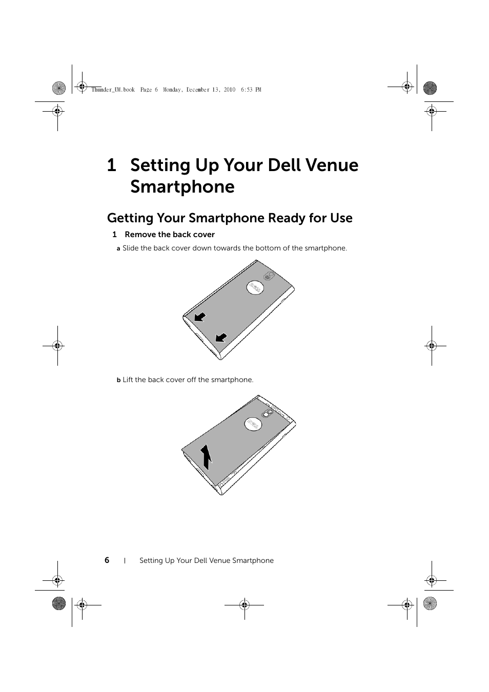 1 setting up your dell venue smartphone, Getting your smartphone ready for use, Setting up your dell venue smartphone | Dell Mobile Venue User Manual | Page 6 / 161