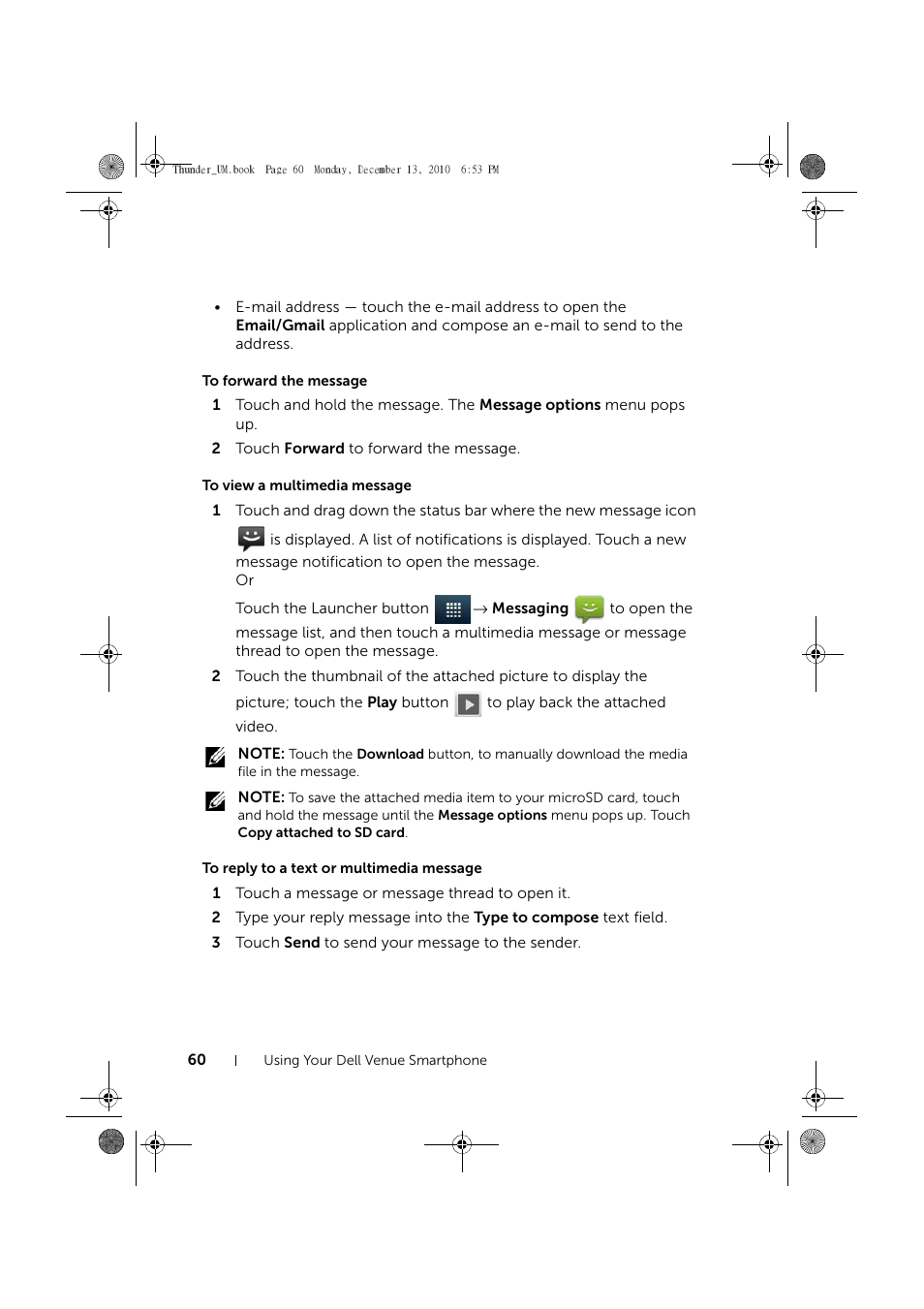 To forward the message, To view a multimedia message, To reply to a text or multimedia message | Dell Mobile Venue User Manual | Page 60 / 161